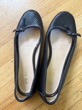 Prada Black Perforated Leather Bow Flats